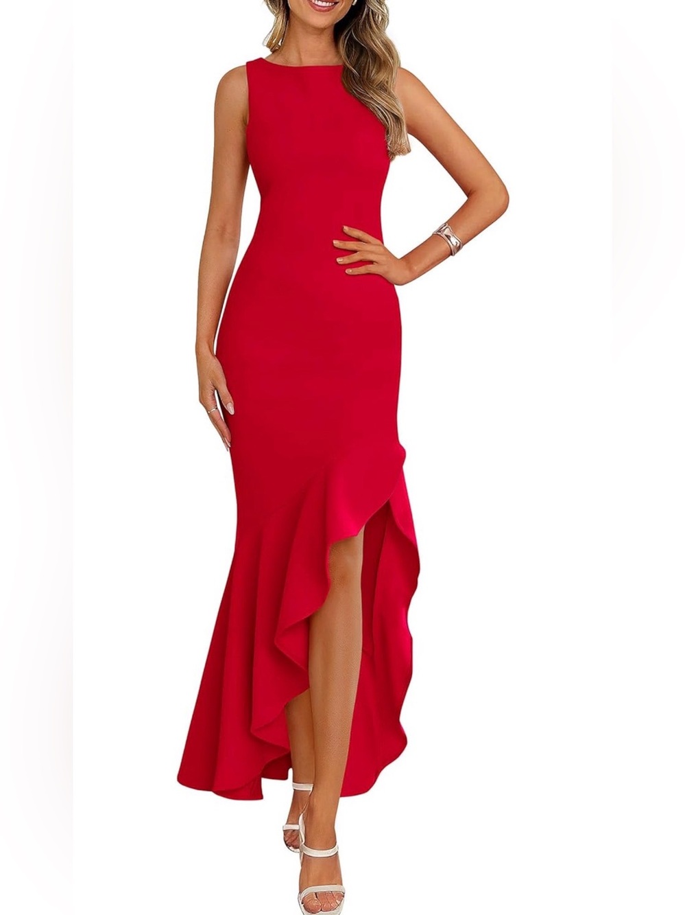 Red Sleeveless Ruffle-Hem Evening Gown